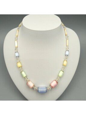 Czech Atlas Glass Necklace Art Deco Satin Pastel Beaded Faceted Vintage